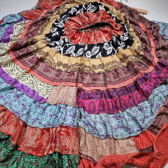 Maxi Dress Womens Small 100% Silk Patchwork Boho Smocked Tiered Boho Festival - Picture 3 of 10